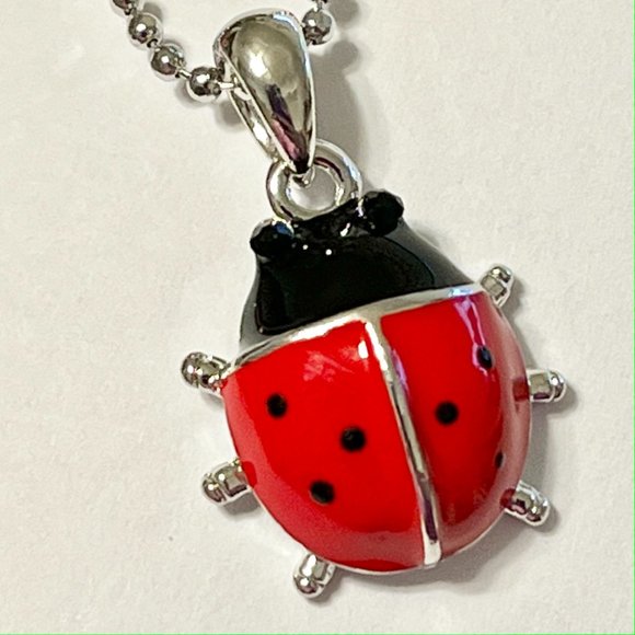 Silver Red Ladybug Pendant Necklace Crystal Plated 17" Chain Insect Enamel - Picture 7 of 11